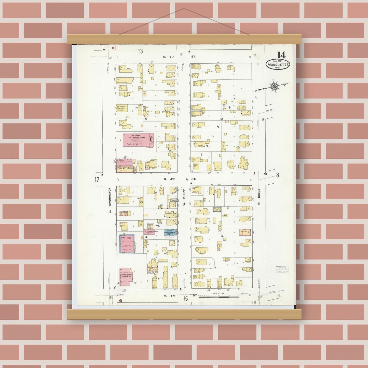 Old map wall art mockup — magnetic wood frame on brick wall — Sanborn Fire Insurance Map from Marquette, Marquette County, Michigan (1911), Sheet #0014