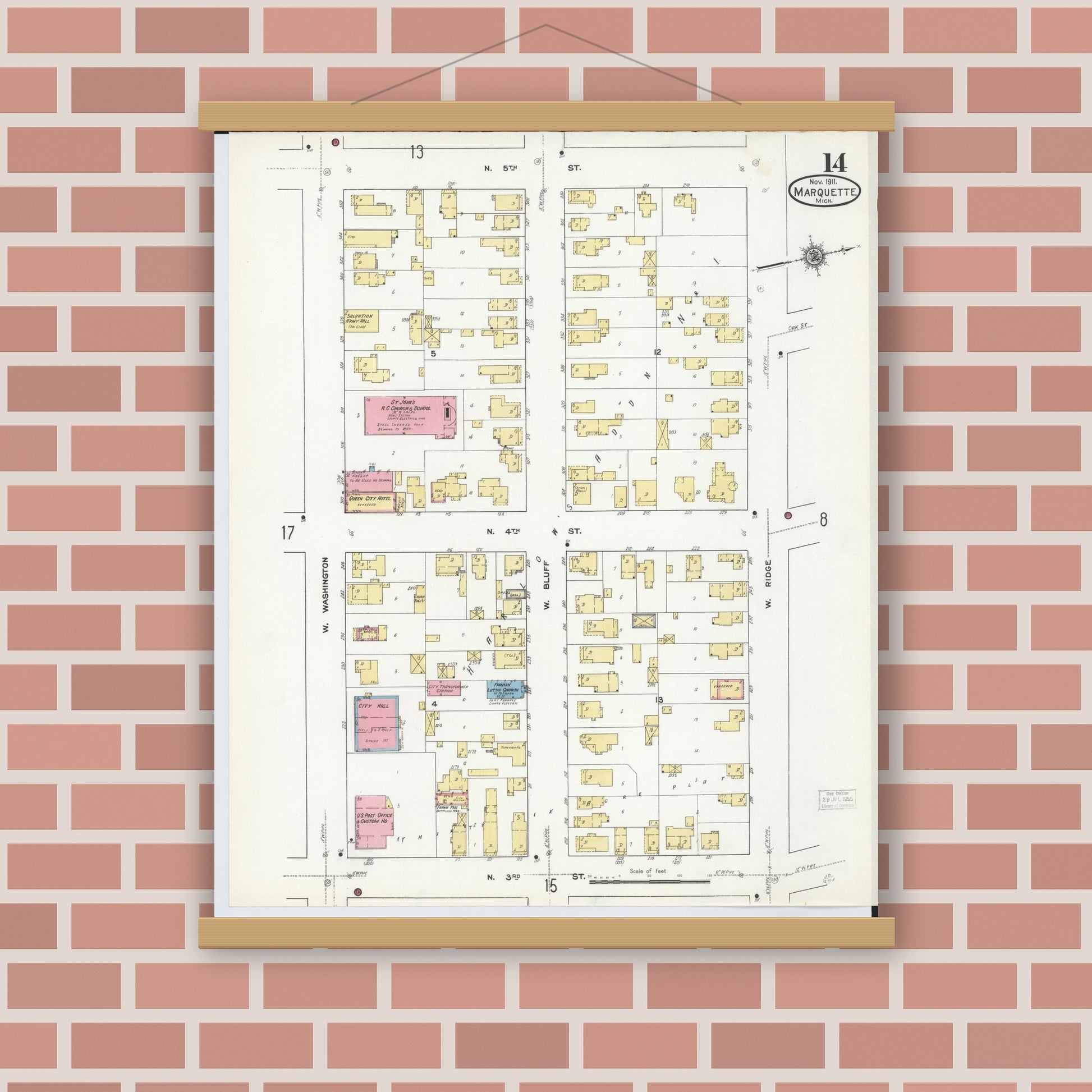 Old map wall art mockup — magnetic wood frame on brick wall — Sanborn Fire Insurance Map from Marquette, Marquette County, Michigan (1911), Sheet #0014