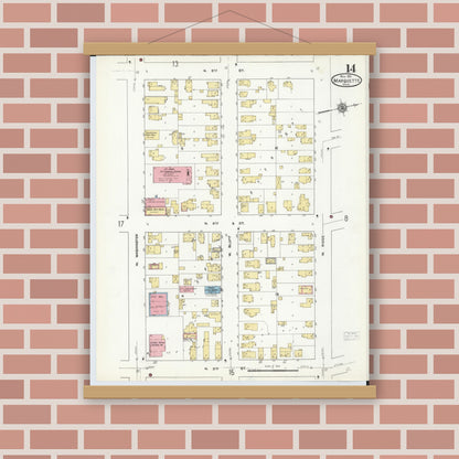 Old map wall art mockup — magnetic wood frame on brick wall — Sanborn Fire Insurance Map from Marquette, Marquette County, Michigan (1911), Sheet #0014