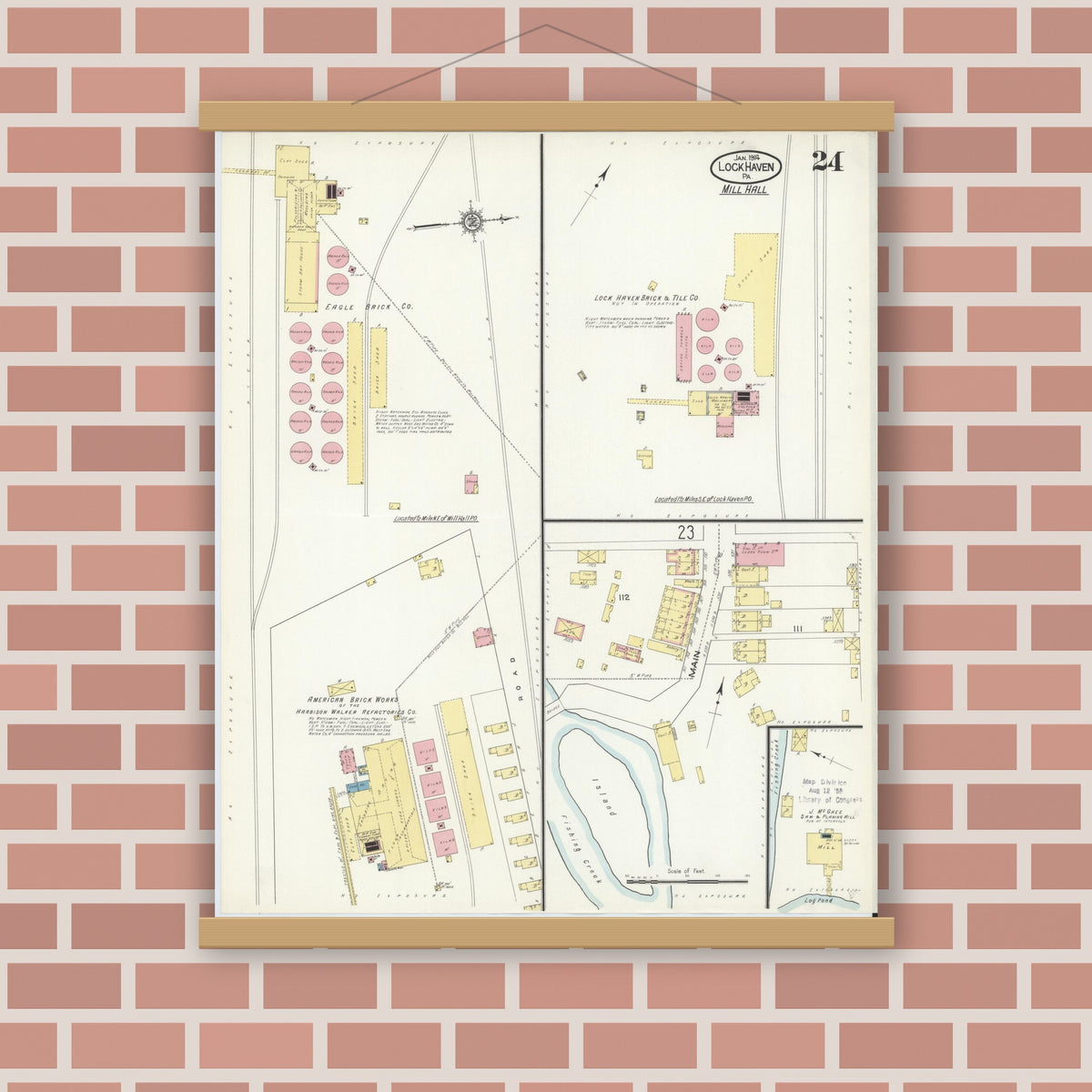 Old map wall art mockup — magnetic wood frame on brick wall — Sanborn Fire Insurance Map from Lock Haven, Clinton County, Pennsylvania (1914), Sheet #0024