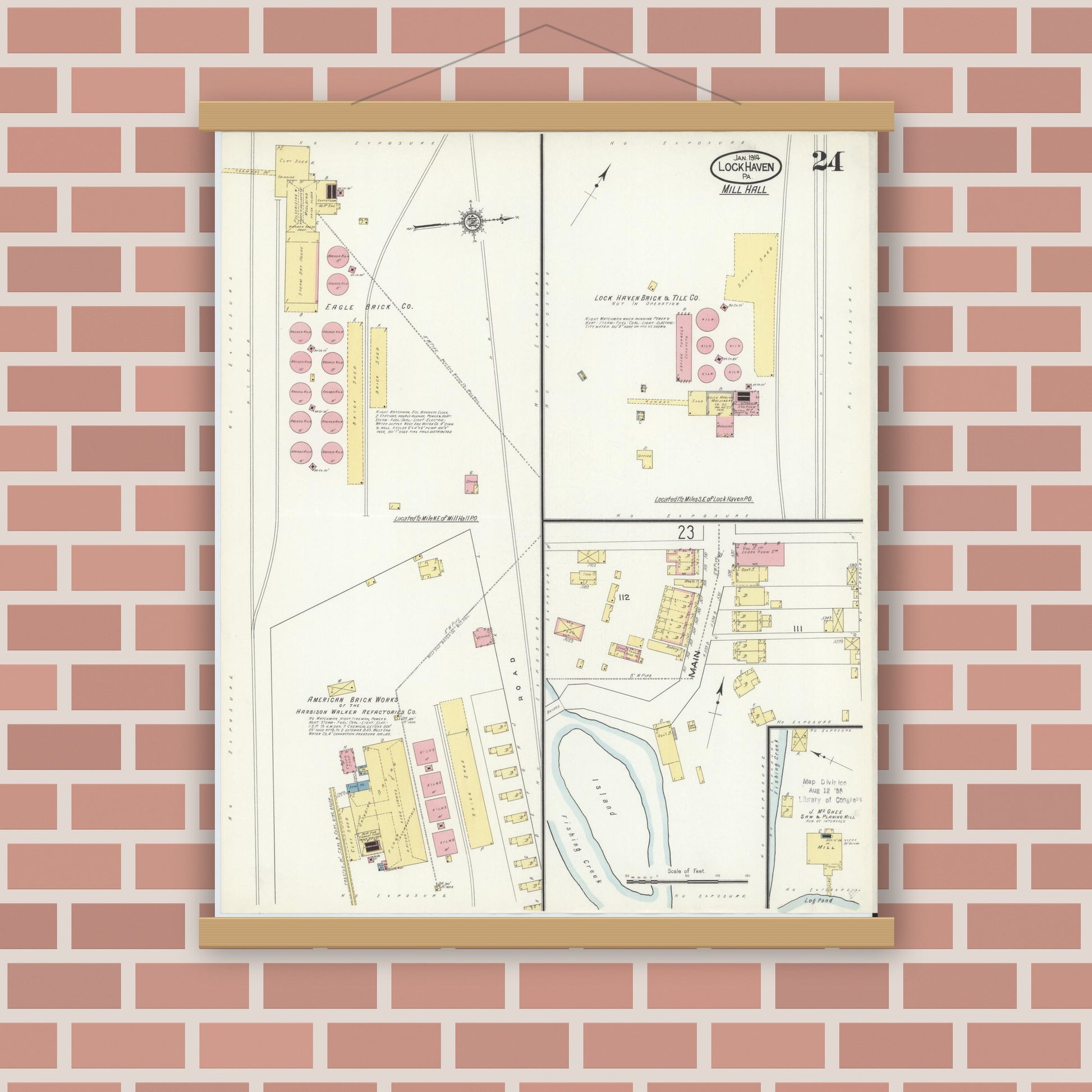 Old map wall art mockup — magnetic wood frame on brick wall — Sanborn Fire Insurance Map from Lock Haven, Clinton County, Pennsylvania (1914), Sheet #0024