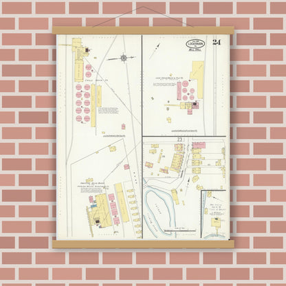 Old map wall art mockup — magnetic wood frame on brick wall — Sanborn Fire Insurance Map from Lock Haven, Clinton County, Pennsylvania (1914), Sheet #0024