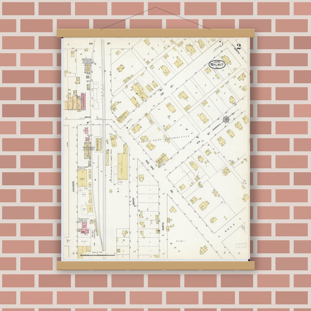 Old map wall art mockup — magnetic wood frame on brick wall — Sanborn Fire Insurance Map from Walnut, Bureau County, Illinois (1912), Sheet #0002