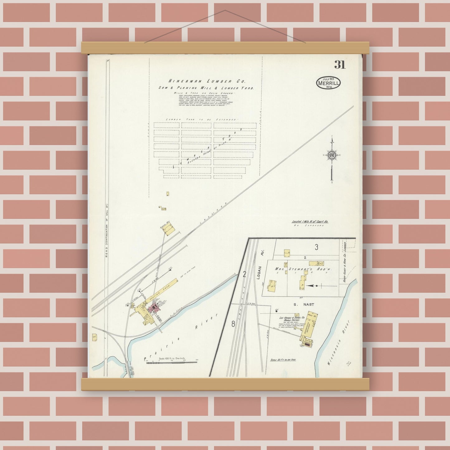 Old map wall art mockup — magnetic wood frame on brick wall — Sanborn Fire Insurance Map from Merrill, Lincoln County, Wisconsin (1913), Sheet #0031