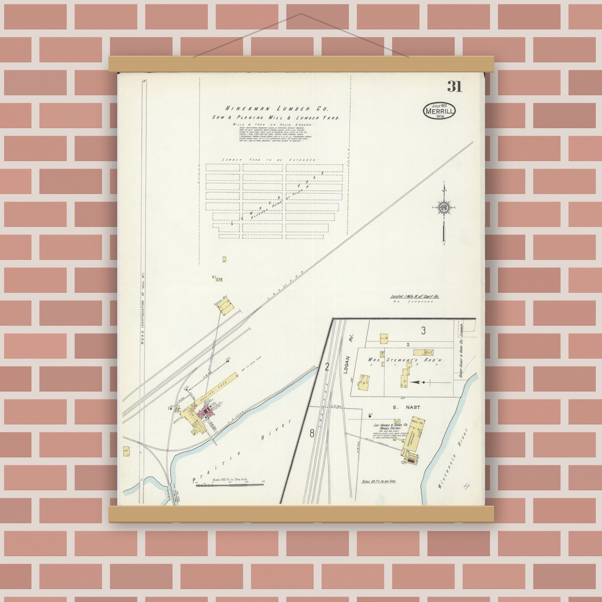 Old map wall art mockup — magnetic wood frame on brick wall — Sanborn Fire Insurance Map from Merrill, Lincoln County, Wisconsin (1913), Sheet #0031