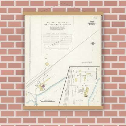 Old map wall art mockup — magnetic wood frame on brick wall — Sanborn Fire Insurance Map from Merrill, Lincoln County, Wisconsin (1913), Sheet #0031