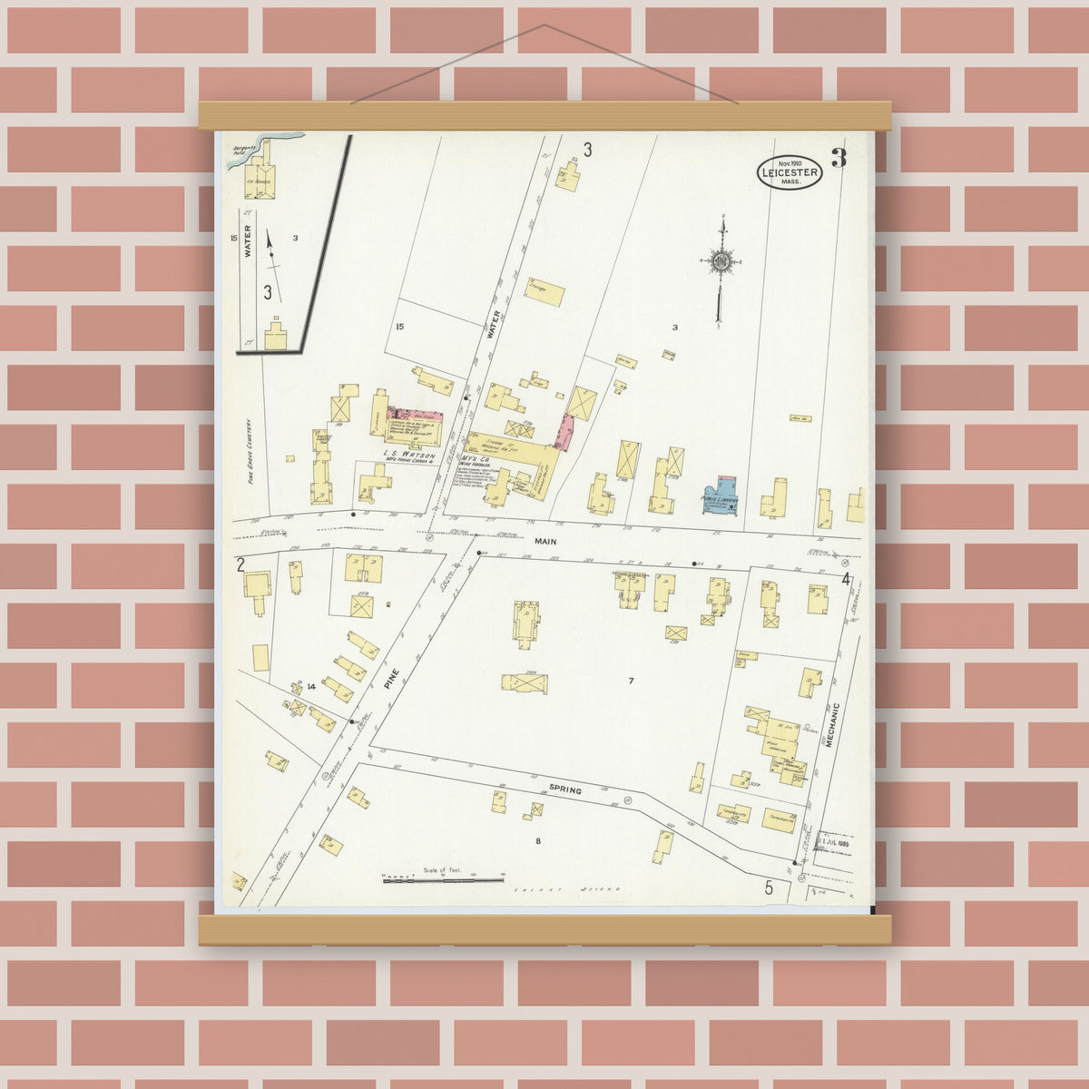 Old map wall art mockup — magnetic wood frame on brick wall — Sanborn Fire Insurance Map from Leicester, Worcester County, Massachusetts (1910), Sheet #0003