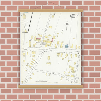 Old map wall art mockup — magnetic wood frame on brick wall — Sanborn Fire Insurance Map from Leicester, Worcester County, Massachusetts (1910), Sheet #0003