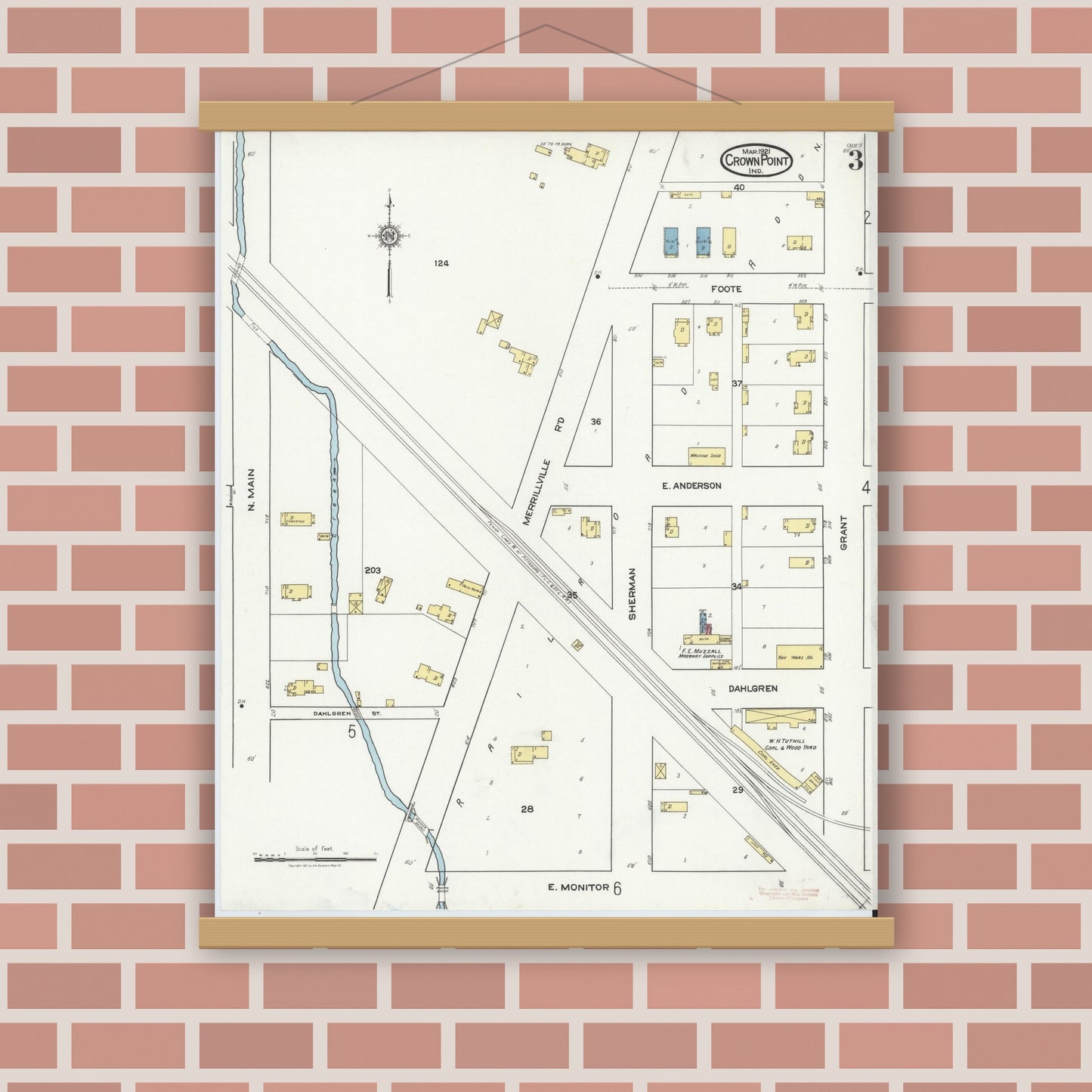 Old map wall art mockup — magnetic wood frame on brick wall — Sanborn Fire Insurance Map from Crown Point, Lake County, Indiana (1921), Sheet #0003