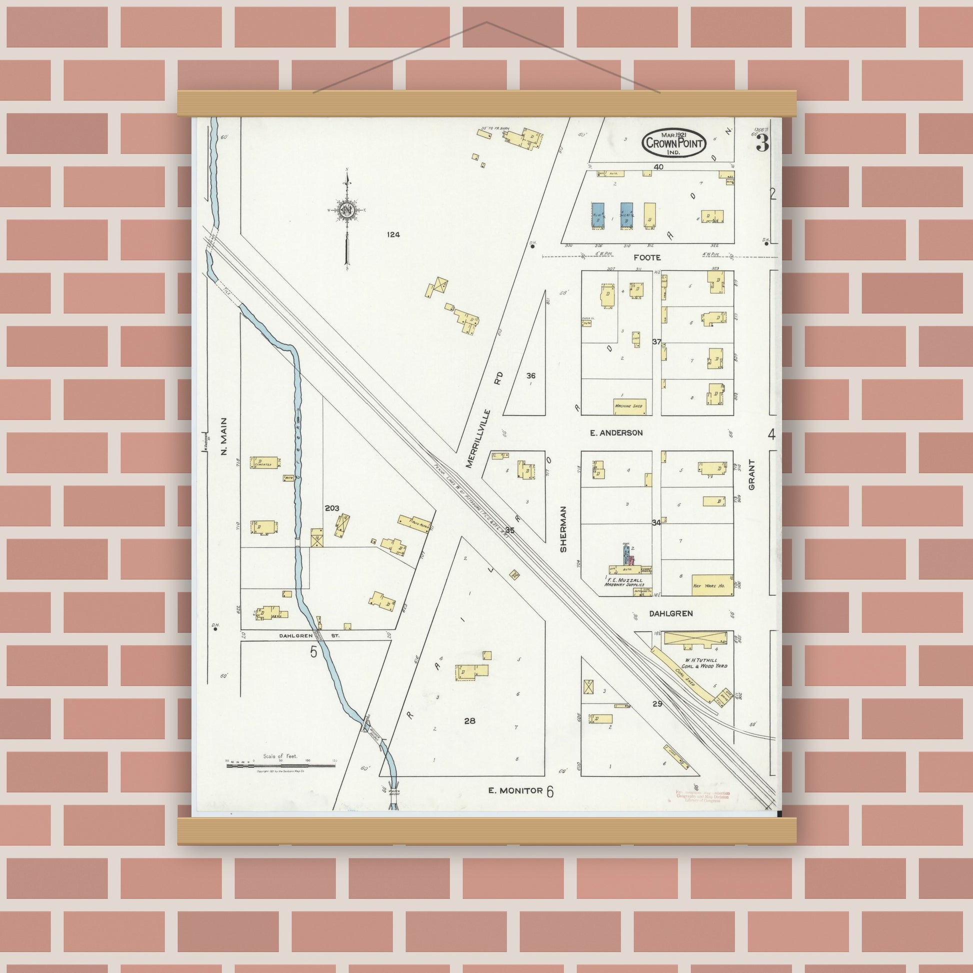 Old map wall art mockup — magnetic wood frame on brick wall — Sanborn Fire Insurance Map from Crown Point, Lake County, Indiana (1921), Sheet #0003