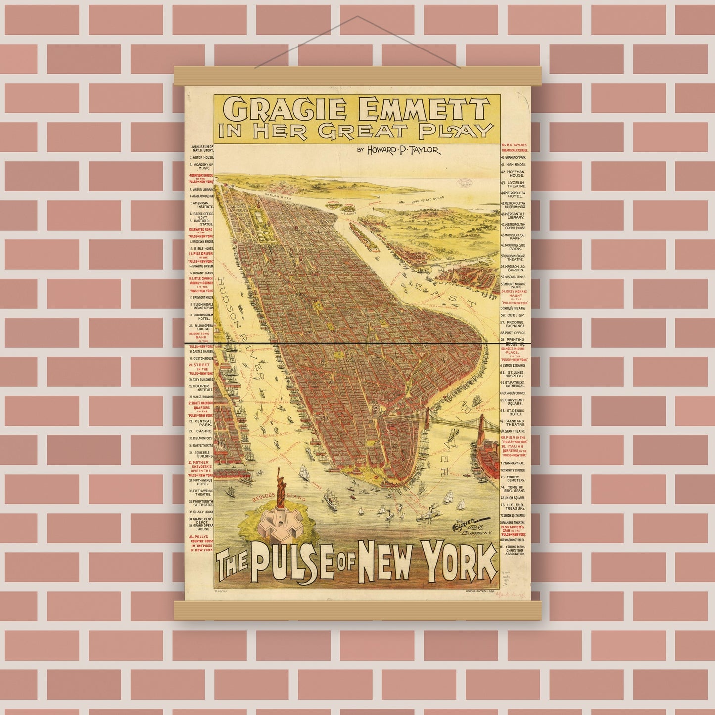 Old map wall art mockup — magnetic wood frame on brick wall — Gracie Emmett in her great play the Pulse of New York. (1891)