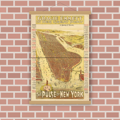 Old map wall art mockup — magnetic wood frame on brick wall — Gracie Emmett in her great play the Pulse of New York. (1891)