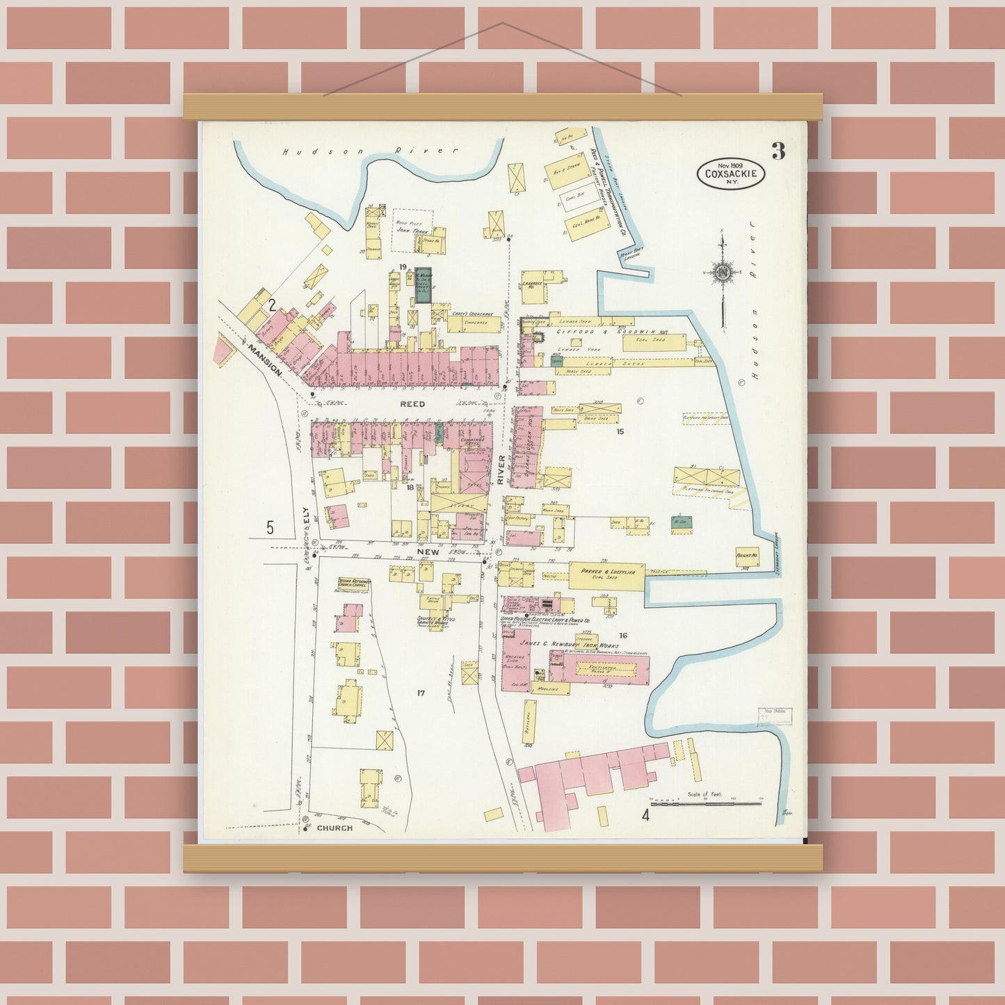 Old map wall art mockup — magnetic wood frame on brick wall — Sanborn Fire Insurance Map from Coxsackie, Greene County, New York (1909), Sheet #0003
