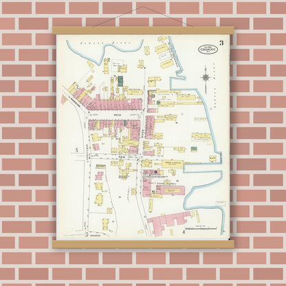 Old map wall art mockup — magnetic wood frame on brick wall — Sanborn Fire Insurance Map from Coxsackie, Greene County, New York (1909), Sheet #0003