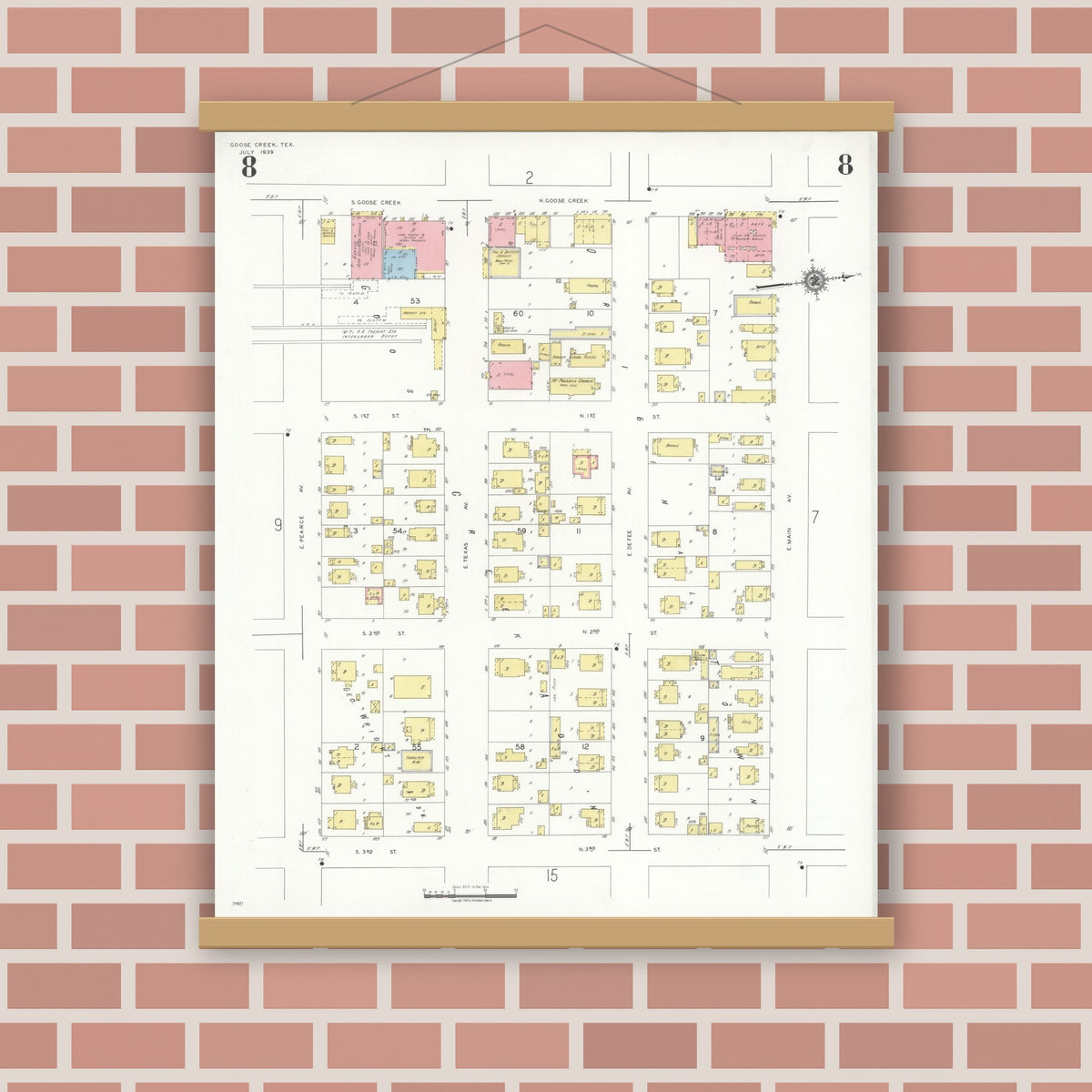 Old map wall art mockup — magnetic wood frame on brick wall — Sanborn Fire Insurance Map from Goose Creek, Harris County, Texas (1939), Sheet #0008