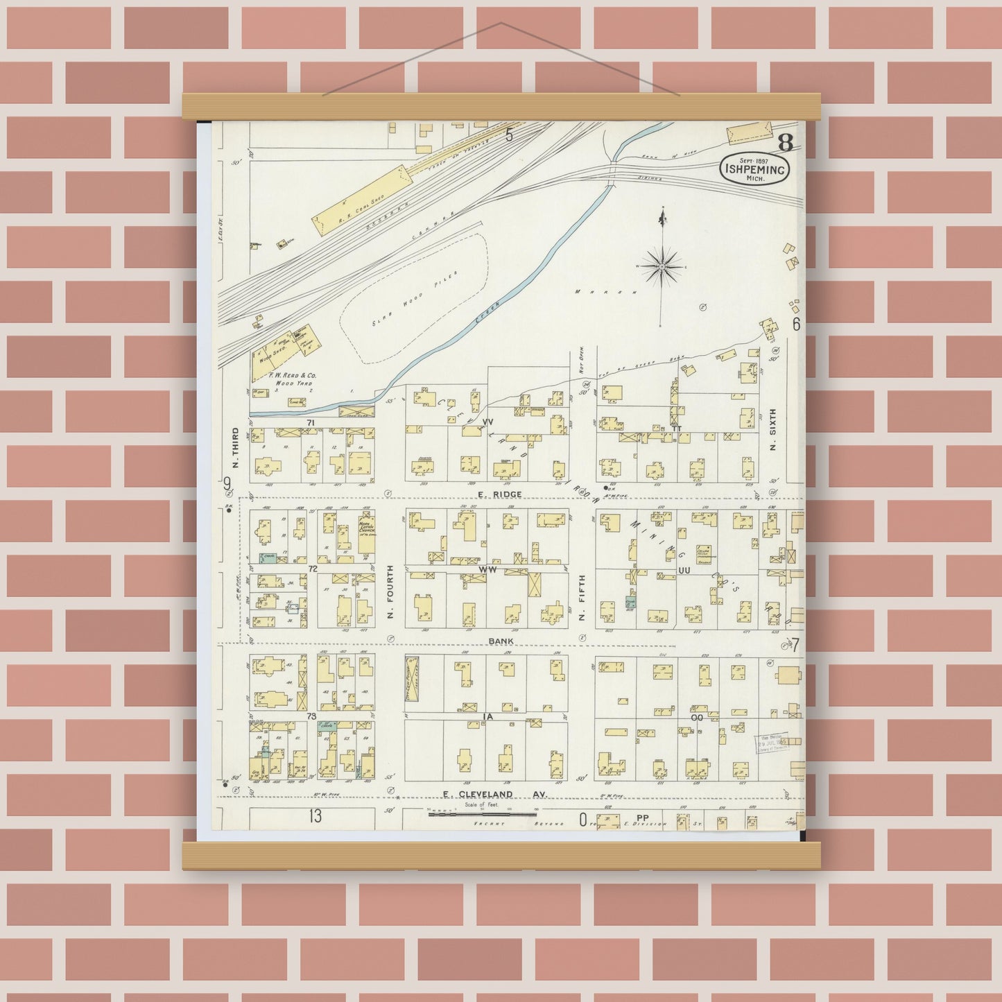 Old map wall art mockup — magnetic wood frame on brick wall — Sanborn Fire Insurance Map from Ishpeming, Marquette County, Michigan (1897), Sheet #0008