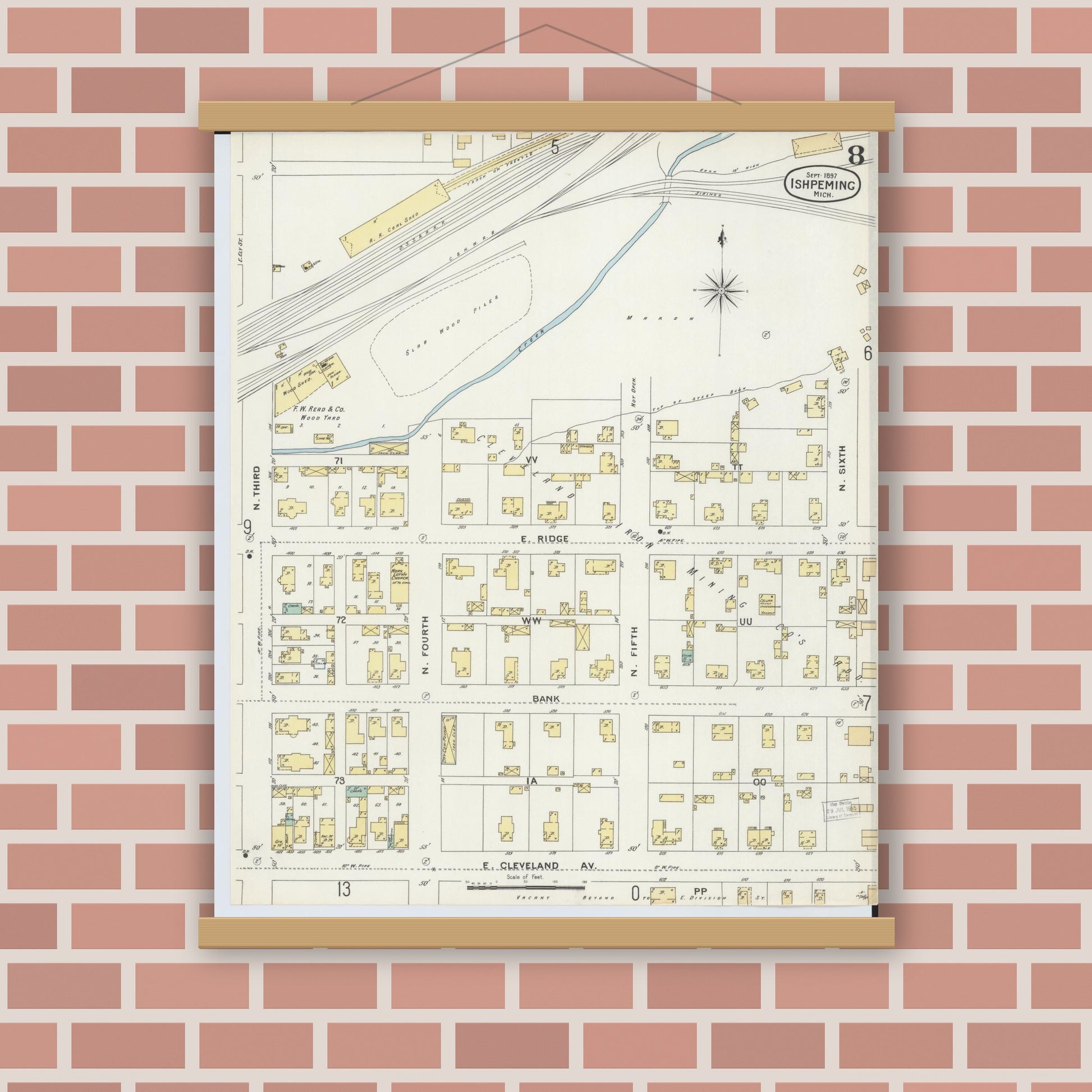 Old map wall art mockup — magnetic wood frame on brick wall — Sanborn Fire Insurance Map from Ishpeming, Marquette County, Michigan (1897), Sheet #0008