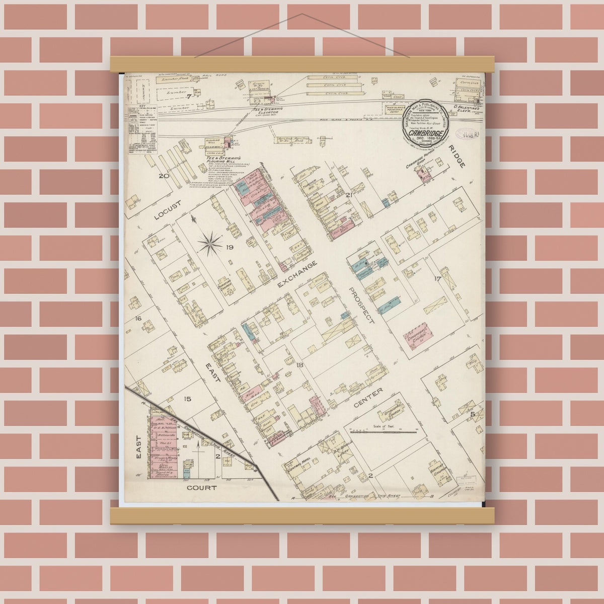 Old map wall art mockup — magnetic wood frame on brick wall — Sanborn Fire Insurance Map from Cambridge, Henry County, Illinois (1885), Sheet #0001