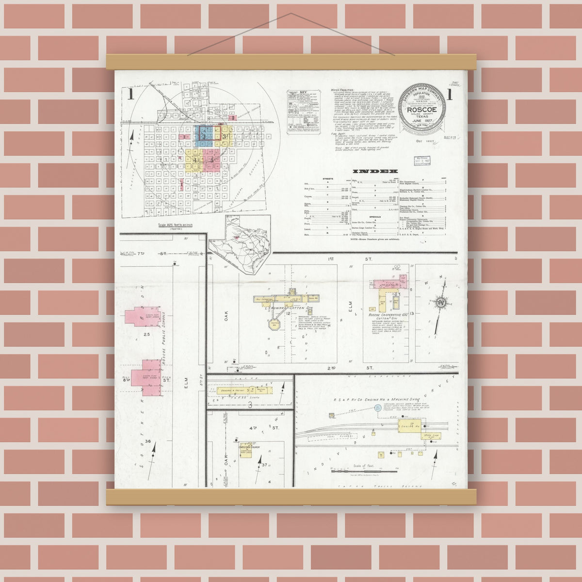 Old map wall art mockup — magnetic wood frame on brick wall — Sanborn Fire Insurance Map from Roscoe, Nolan County, Texas (1927), Sheet #0001