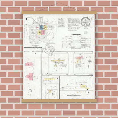 Old map wall art mockup — magnetic wood frame on brick wall — Sanborn Fire Insurance Map from Roscoe, Nolan County, Texas (1927), Sheet #0001