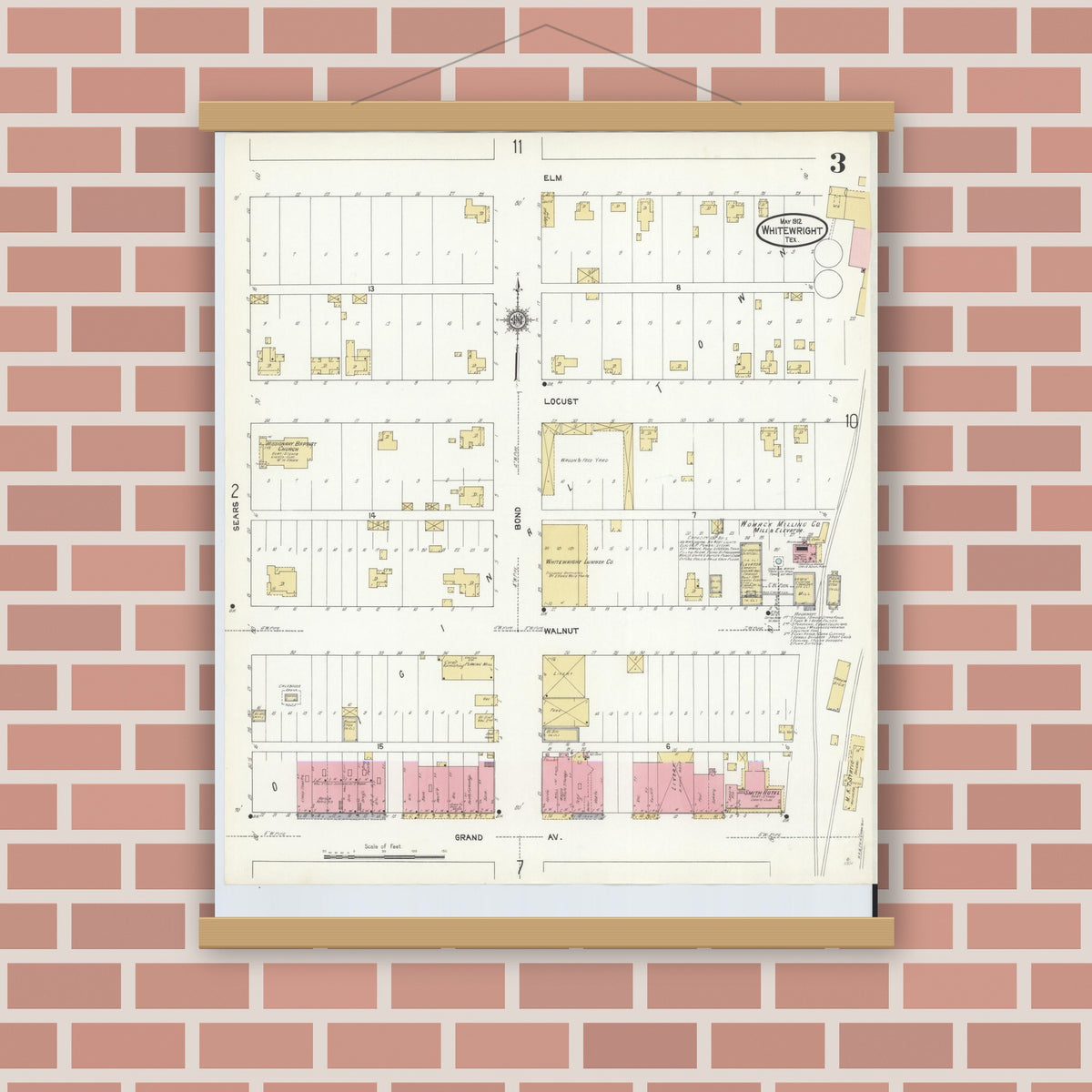 Old map wall art mockup — magnetic wood frame on brick wall — Sanborn Fire Insurance Map from Whitewright, Grayson County, Texas (1912), Sheet #0003