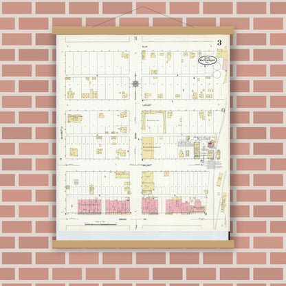 Old map wall art mockup — magnetic wood frame on brick wall — Sanborn Fire Insurance Map from Whitewright, Grayson County, Texas (1912), Sheet #0003