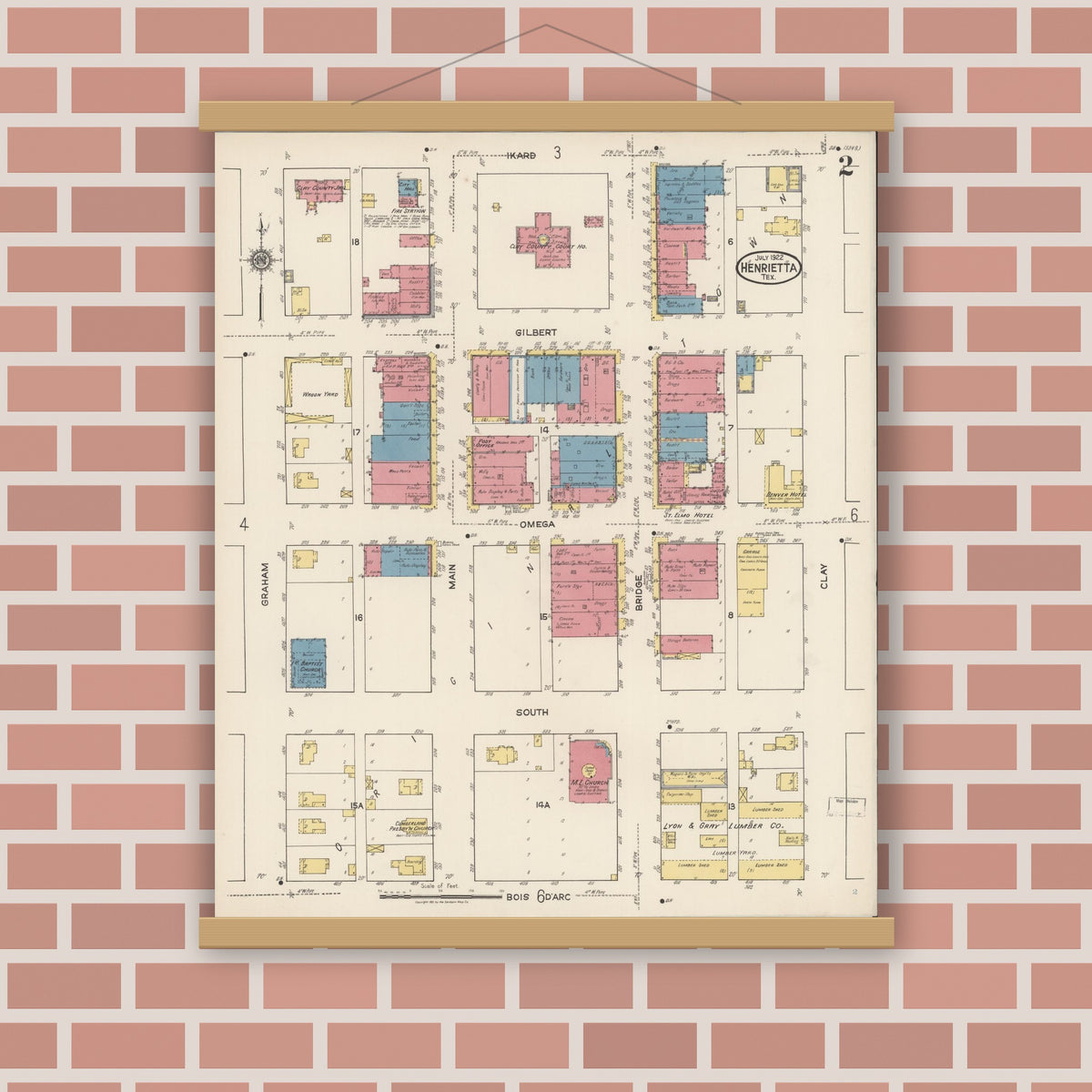Old map wall art mockup — magnetic wood frame on brick wall — Sanborn Fire Insurance Map from Henrietta, Clay County, Texas (1922), Sheet #0002