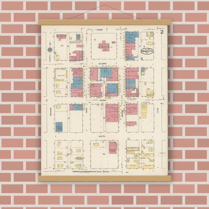 Old map wall art mockup — magnetic wood frame on brick wall — Sanborn Fire Insurance Map from Henrietta, Clay County, Texas (1922), Sheet #0002
