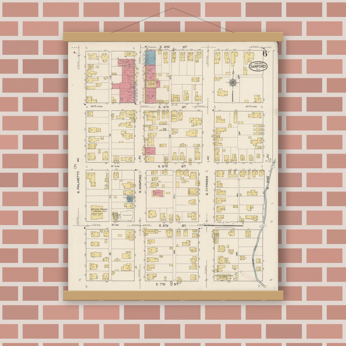 Old map wall art mockup — magnetic wood frame on brick wall — Sanborn Fire Insurance Map from Sanford, Seminole County, Florida (1922), Sheet #0006