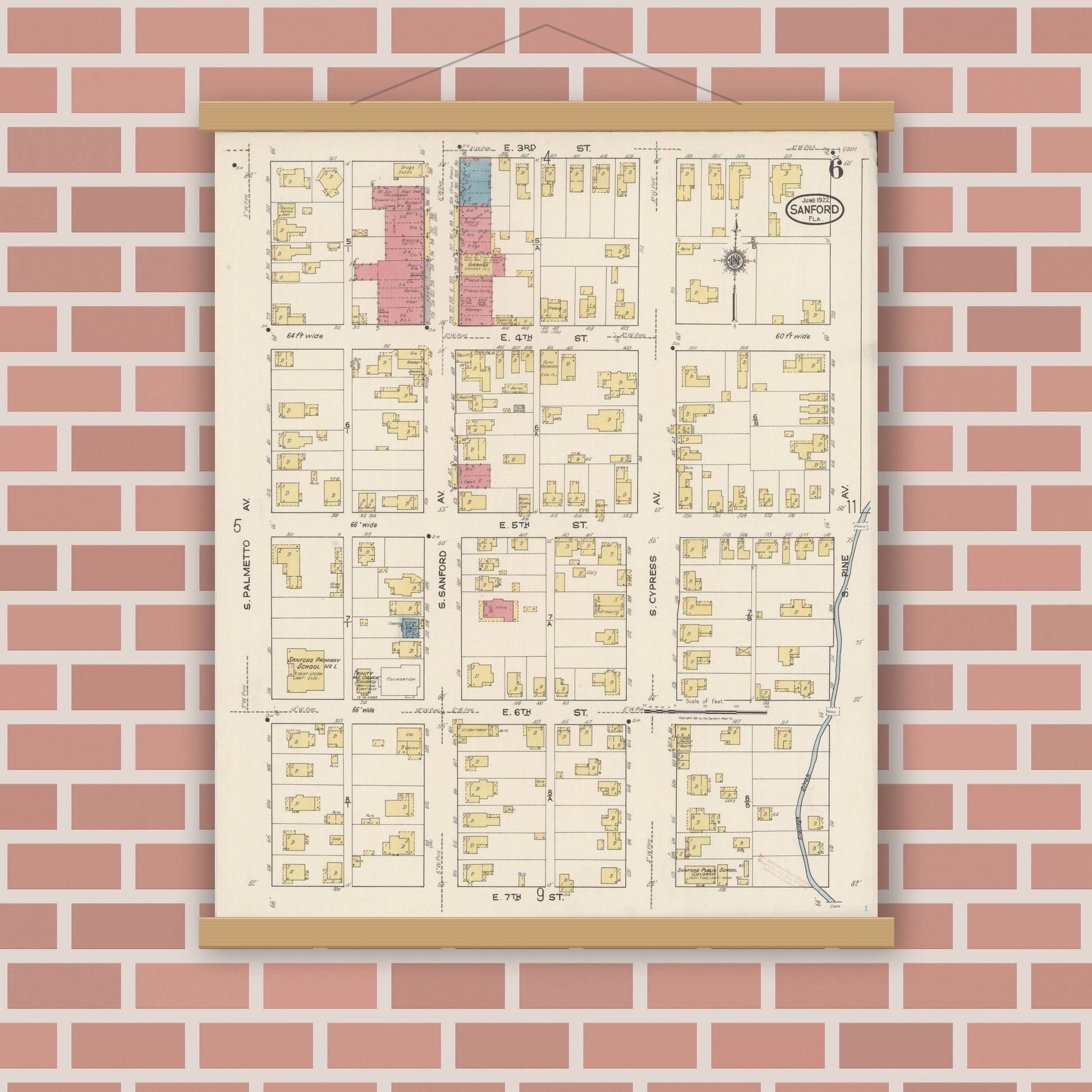 Old map wall art mockup — magnetic wood frame on brick wall — Sanborn Fire Insurance Map from Sanford, Seminole County, Florida (1922), Sheet #0006