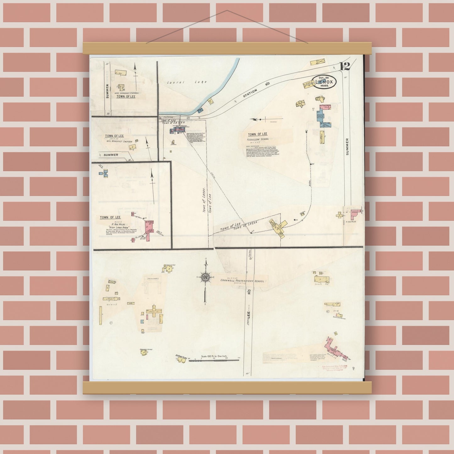 Old map wall art mockup — magnetic wood frame on brick wall — Sanborn Fire Insurance Map from Lenox, Berkshire County, Massachusetts (1939), Sheet #0012