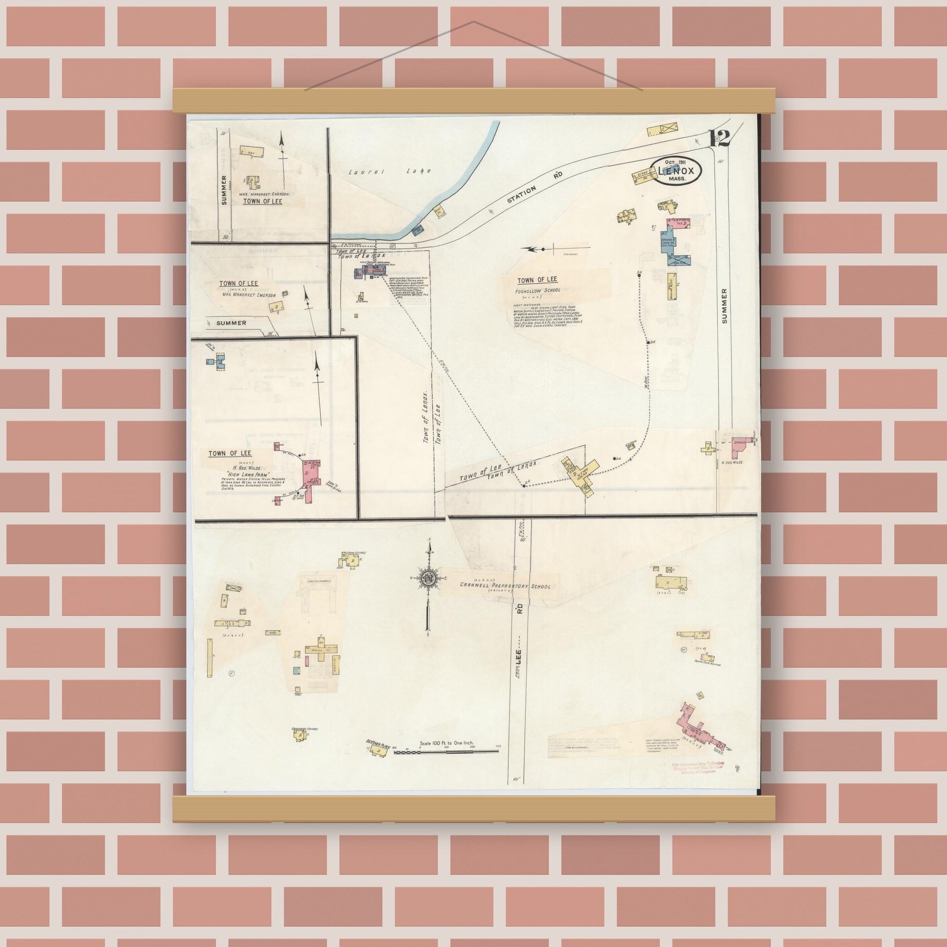 Old map wall art mockup — magnetic wood frame on brick wall — Sanborn Fire Insurance Map from Lenox, Berkshire County, Massachusetts (1939), Sheet #0012