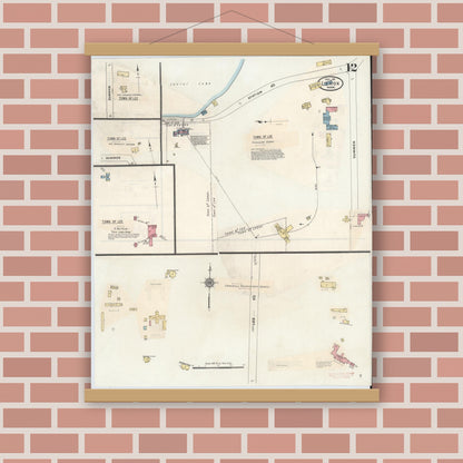 Old map wall art mockup — magnetic wood frame on brick wall — Sanborn Fire Insurance Map from Lenox, Berkshire County, Massachusetts (1939), Sheet #0012