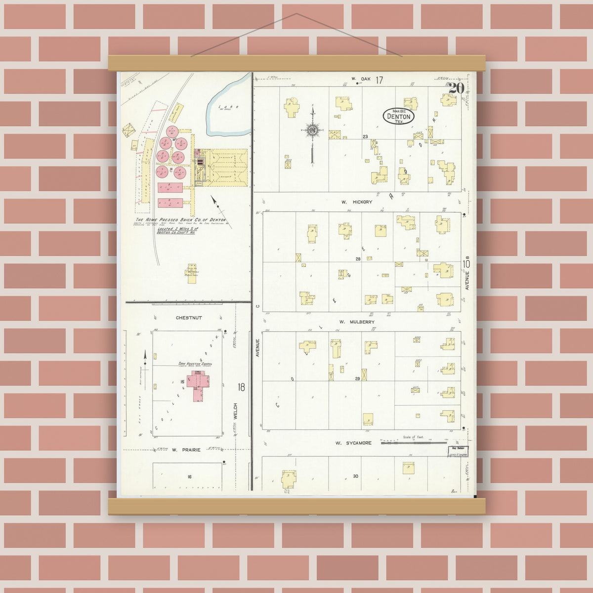 Old map wall art mockup — magnetic wood frame on brick wall — Sanborn Fire Insurance Map from Denton, Denton County, Texas (1912), Sheet #0020