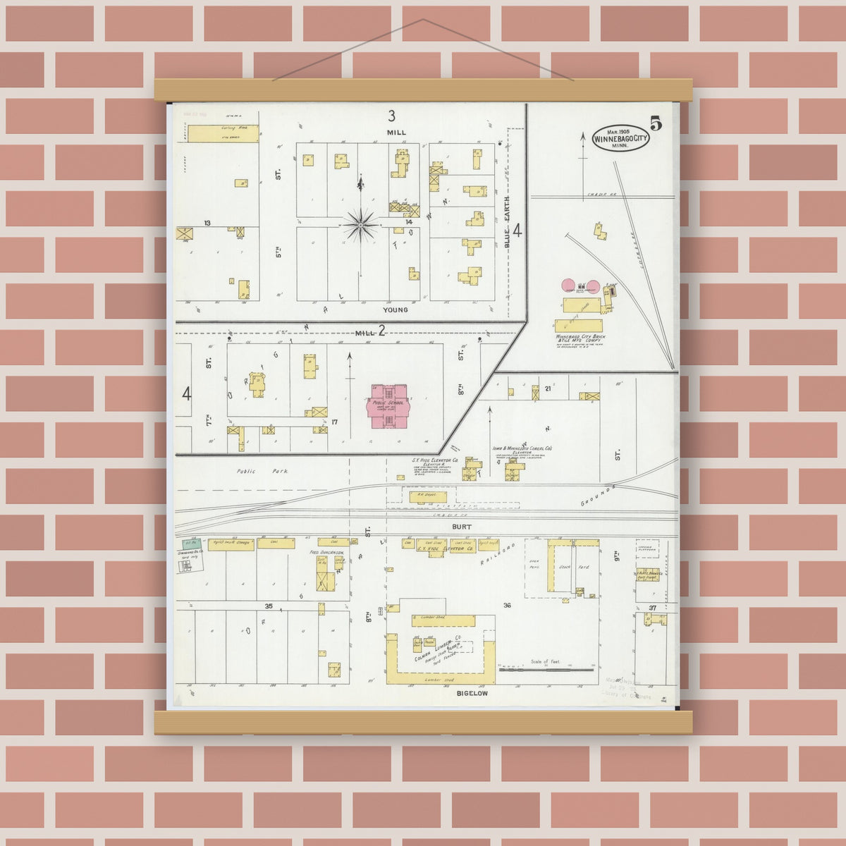 Old map wall art mockup — magnetic wood frame on brick wall — Sanborn Fire Insurance Map from Winnebago, Faribault County, Minnesota (1905), Sheet #0005