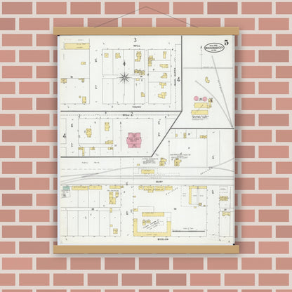 Old map wall art mockup — magnetic wood frame on brick wall — Sanborn Fire Insurance Map from Winnebago, Faribault County, Minnesota (1905), Sheet #0005