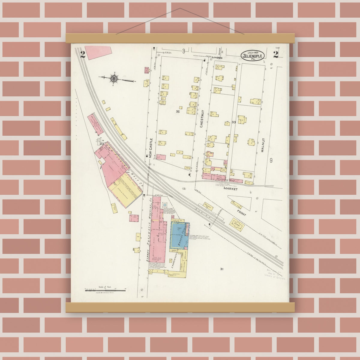 Old map wall art mockup — magnetic wood frame on brick wall — Sanborn Fire Insurance Map from Zelienople, Butler County, Pennsylvania (1925), Sheet #0002