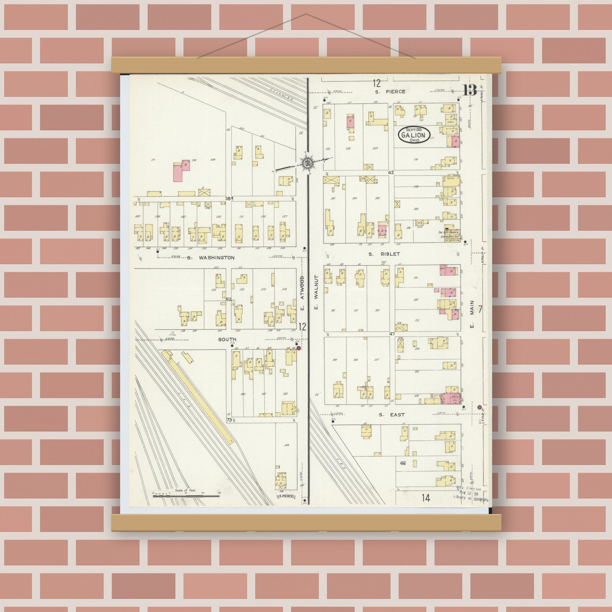 Old map wall art mockup — magnetic wood frame on brick wall — Sanborn Fire Insurance Map from Galion, Crawford County, Ohio (1913), Sheet #0013