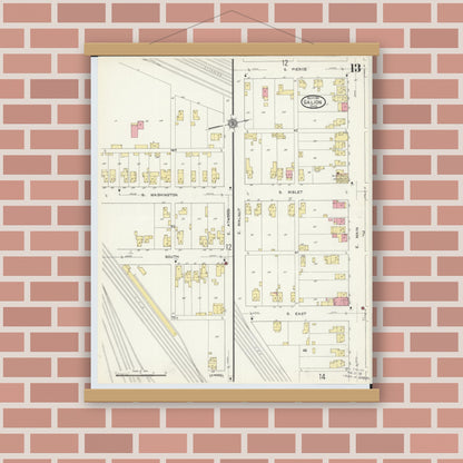 Old map wall art mockup — magnetic wood frame on brick wall — Sanborn Fire Insurance Map from Galion, Crawford County, Ohio (1913), Sheet #0013
