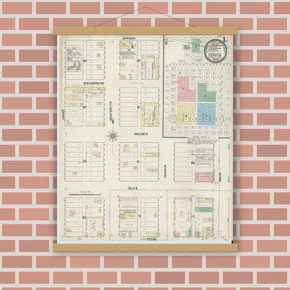 Old map wall art mockup — magnetic wood frame on brick wall — Sanborn Fire Insurance Map from Vernon, Wilbarger County, Texas (1891), Sheet #0001