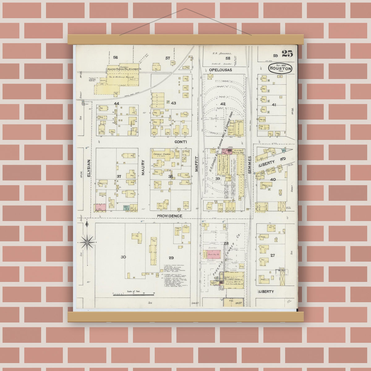 Old map wall art mockup — magnetic wood frame on brick wall — Sanborn Fire Insurance Map from Houston, Harris County, Texas (1890), Sheet #0025