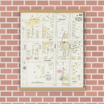 Old map wall art mockup — magnetic wood frame on brick wall — Sanborn Fire Insurance Map from Houston, Harris County, Texas (1890), Sheet #0025