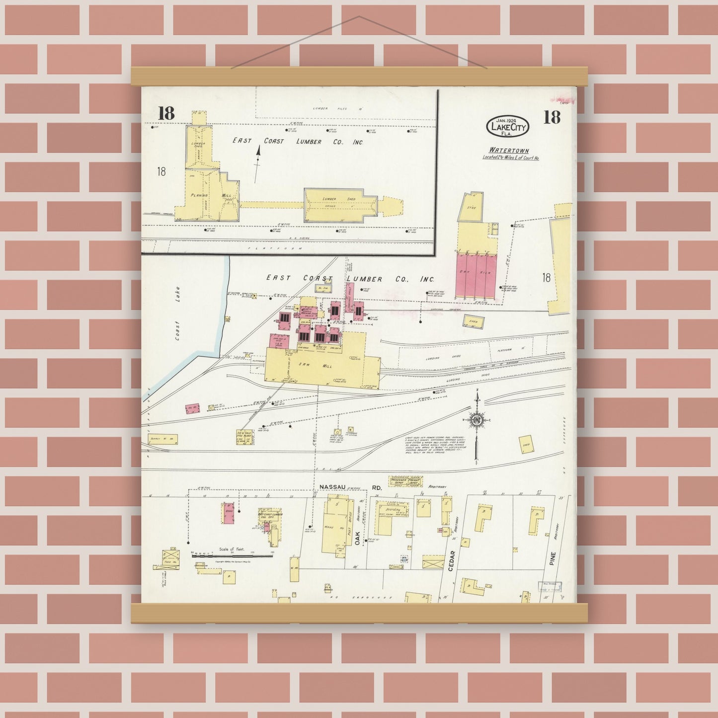 Old map wall art mockup — magnetic wood frame on brick wall — Sanborn Fire Insurance Map from Lake City, Columbia County, Florida (1924), Sheet #0018