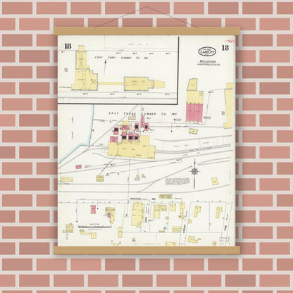 Old map wall art mockup — magnetic wood frame on brick wall — Sanborn Fire Insurance Map from Lake City, Columbia County, Florida (1924), Sheet #0018