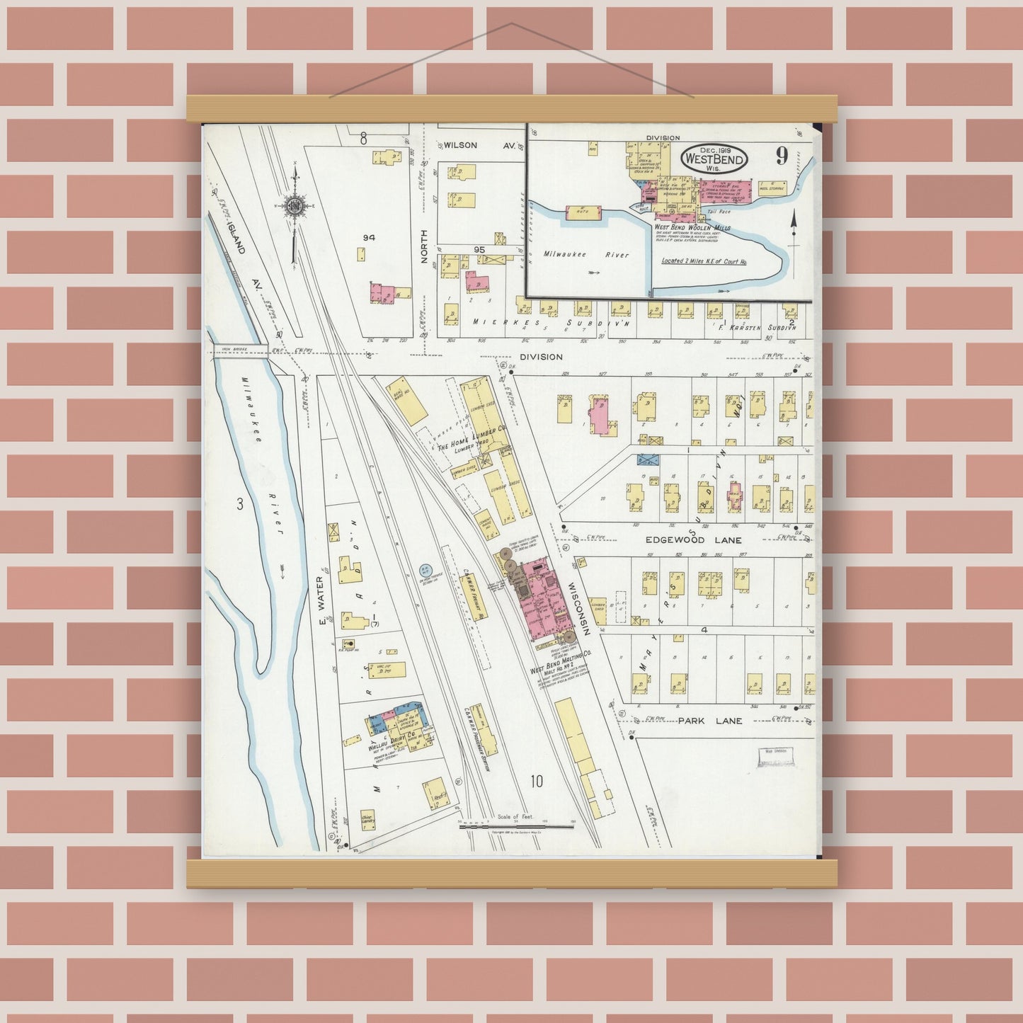 Old map wall art mockup — magnetic wood frame on brick wall — Sanborn Fire Insurance Map from West Bend, Washington County, Wisconsin (1919), Sheet #0009