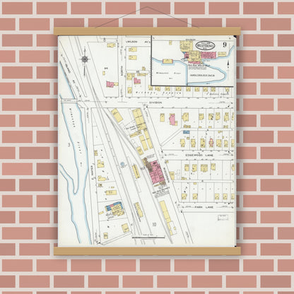 Old map wall art mockup — magnetic wood frame on brick wall — Sanborn Fire Insurance Map from West Bend, Washington County, Wisconsin (1919), Sheet #0009