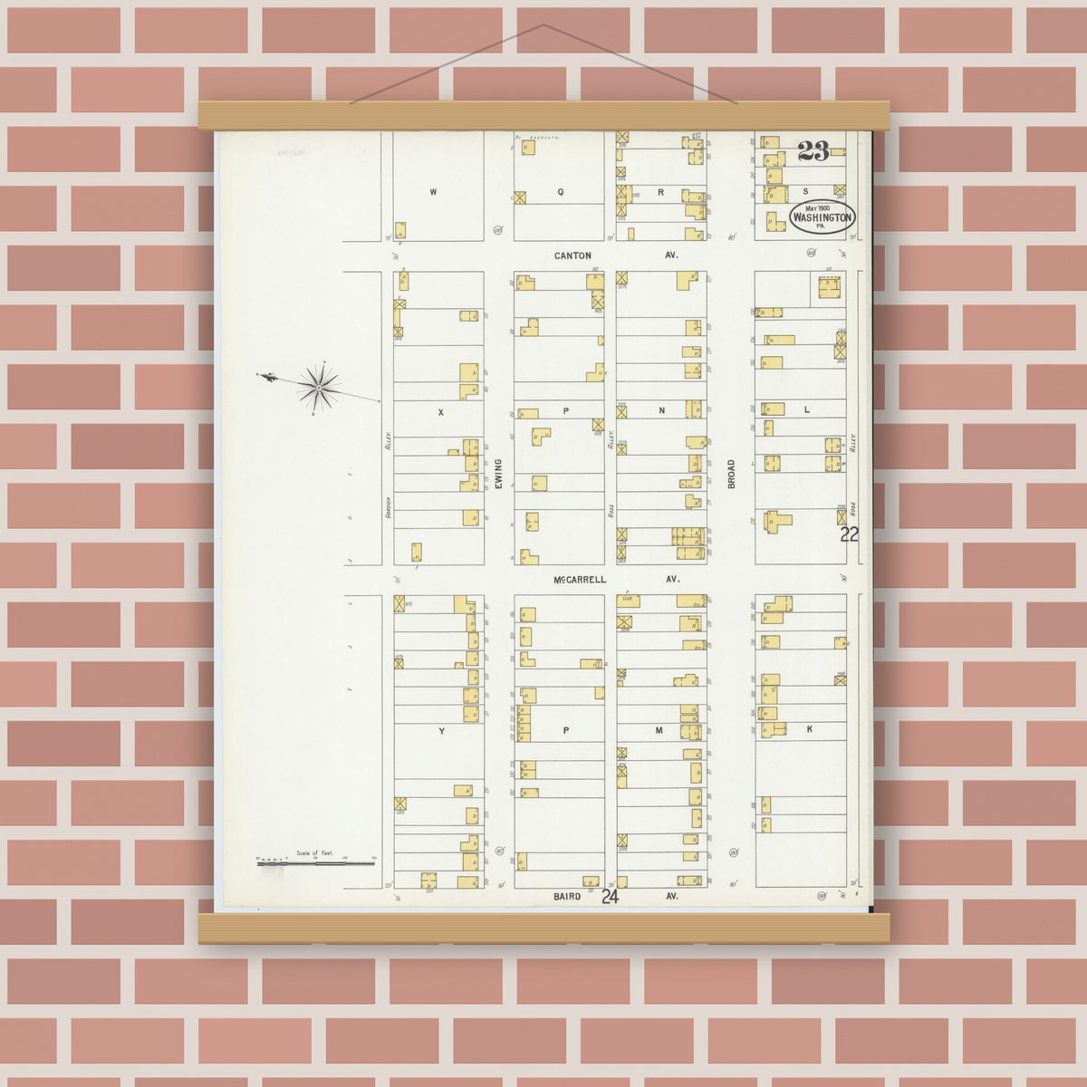 Old map wall art mockup — magnetic wood frame on brick wall — Sanborn Fire Insurance Map from Washington, Washington County, Pennsylvania (1900), Sheet #0023