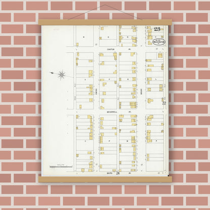 Old map wall art mockup — magnetic wood frame on brick wall — Sanborn Fire Insurance Map from Washington, Washington County, Pennsylvania (1900), Sheet #0023