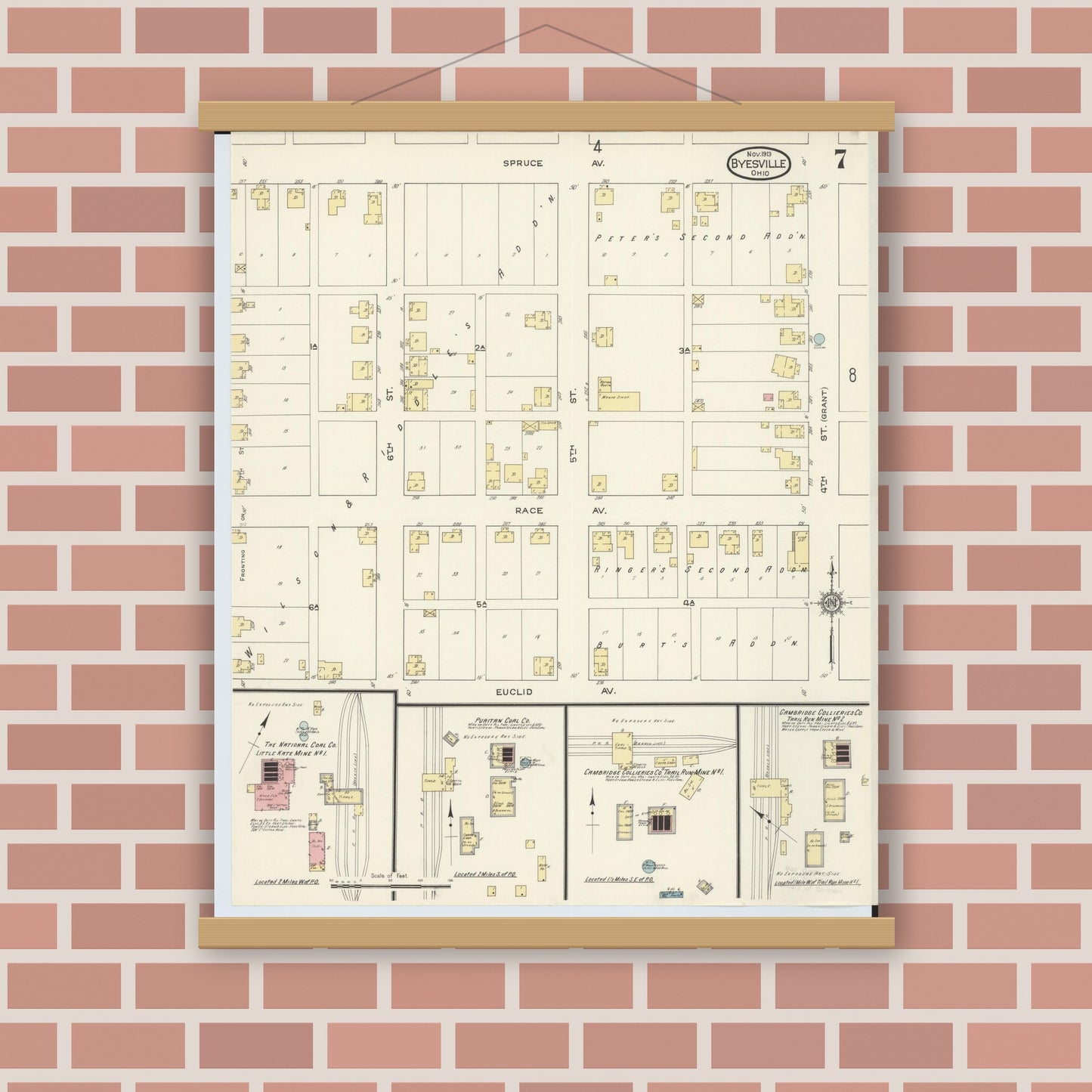Old map wall art mockup — magnetic wood frame on brick wall — Sanborn Fire Insurance Map from Byesville, Guernsey County, Ohio (1913), Sheet #0007