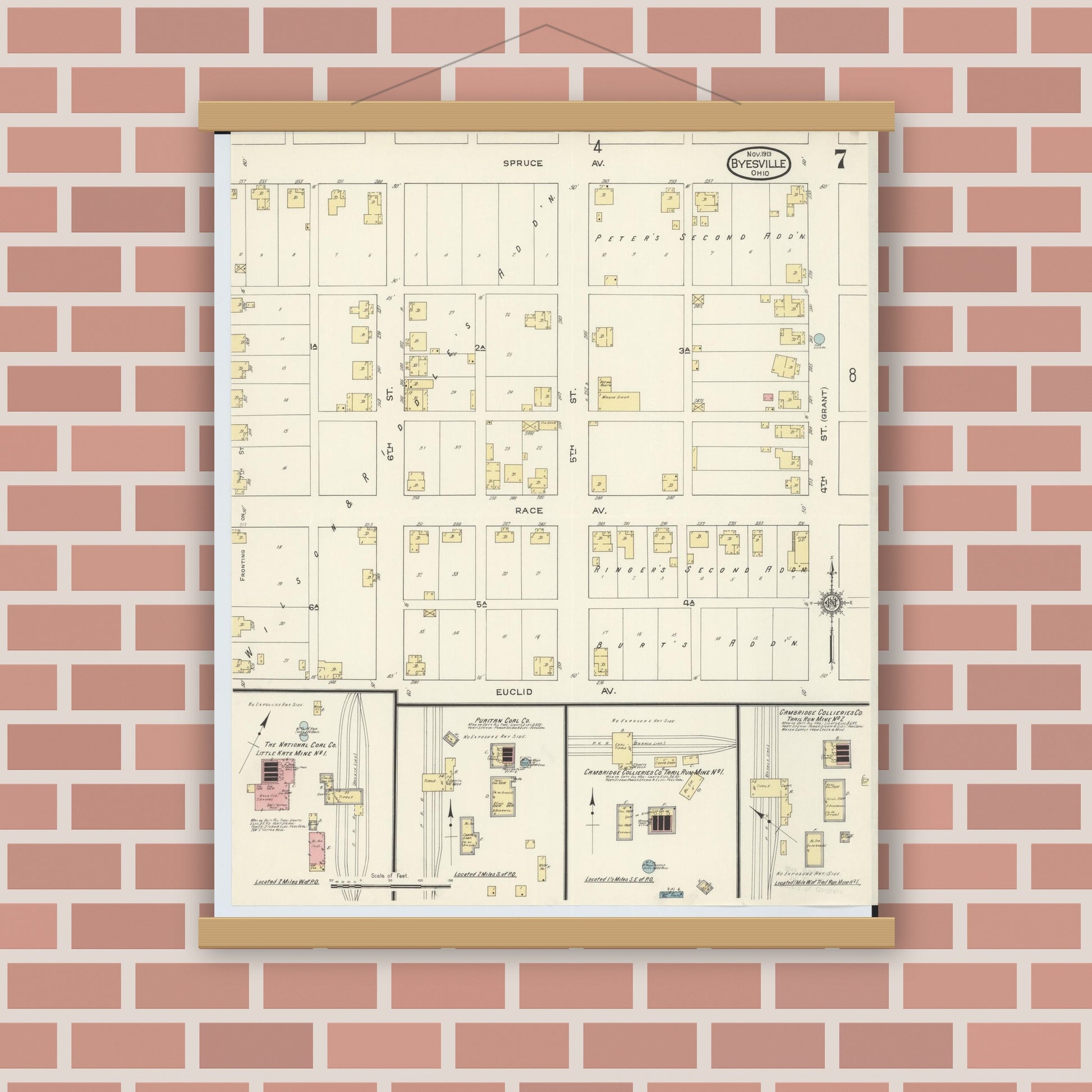 Old map wall art mockup — magnetic wood frame on brick wall — Sanborn Fire Insurance Map from Byesville, Guernsey County, Ohio (1913), Sheet #0007